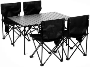 Outdoor Folding Picnic Tables and Chairs, Foldable Camping Small Table with Aluminum Roll-up Top Portable Fishing Chair Set, Easy to Assemble