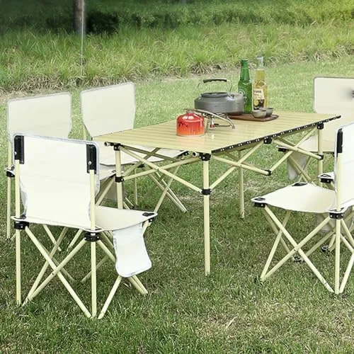Outdoor Folding Picnic Tables and Chairs, Foldable Camping Small Table with Aluminum Roll-up Top Portable Fishing Chair Set, Easy to Assemble