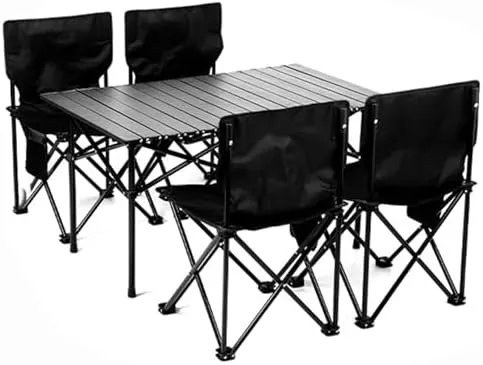 Outdoor Folding Picnic Tables and Chairs, Foldable Camping Small Table with Aluminum Roll-up Top Portable Fishing Chair Set, Easy to Assemble