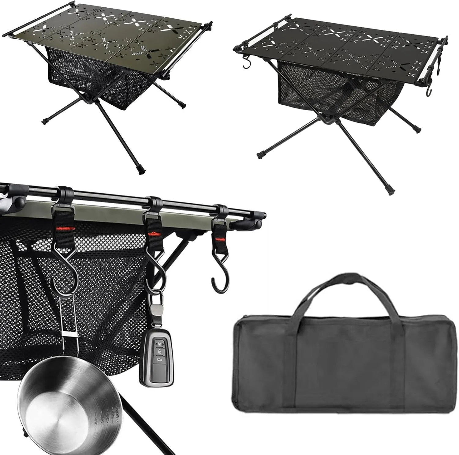 Outdoor Folding Portable Picnic Table Barbecue Camping Table with Mesh Bag Aluminum Alloy Outdoor Grill Camping Folding Table High Stability 20kg Load Portable BBQ Table Black B