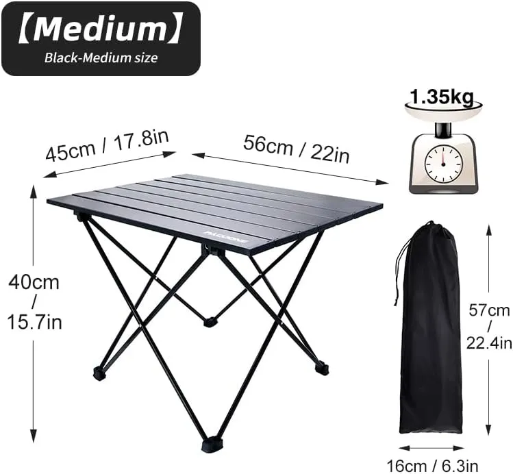 Outdoor Folding Table Lightweight Compact Aluminum Camping Table Roll Up Top 4 Person Portable Picnic Square Table with Carry Bag Ideal for Picnic Cooking Beach Travel Barbecue (Medium)