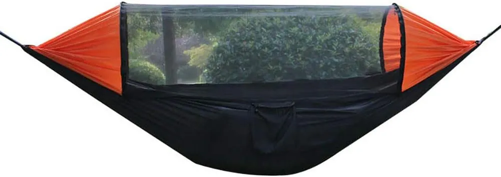 Outdoor Hammock with Net,Double Camping Hammock with Tree Straps,Ultralight Portable Nylon Parachute Hammock for Travel Beach Black and Red 280x140cm