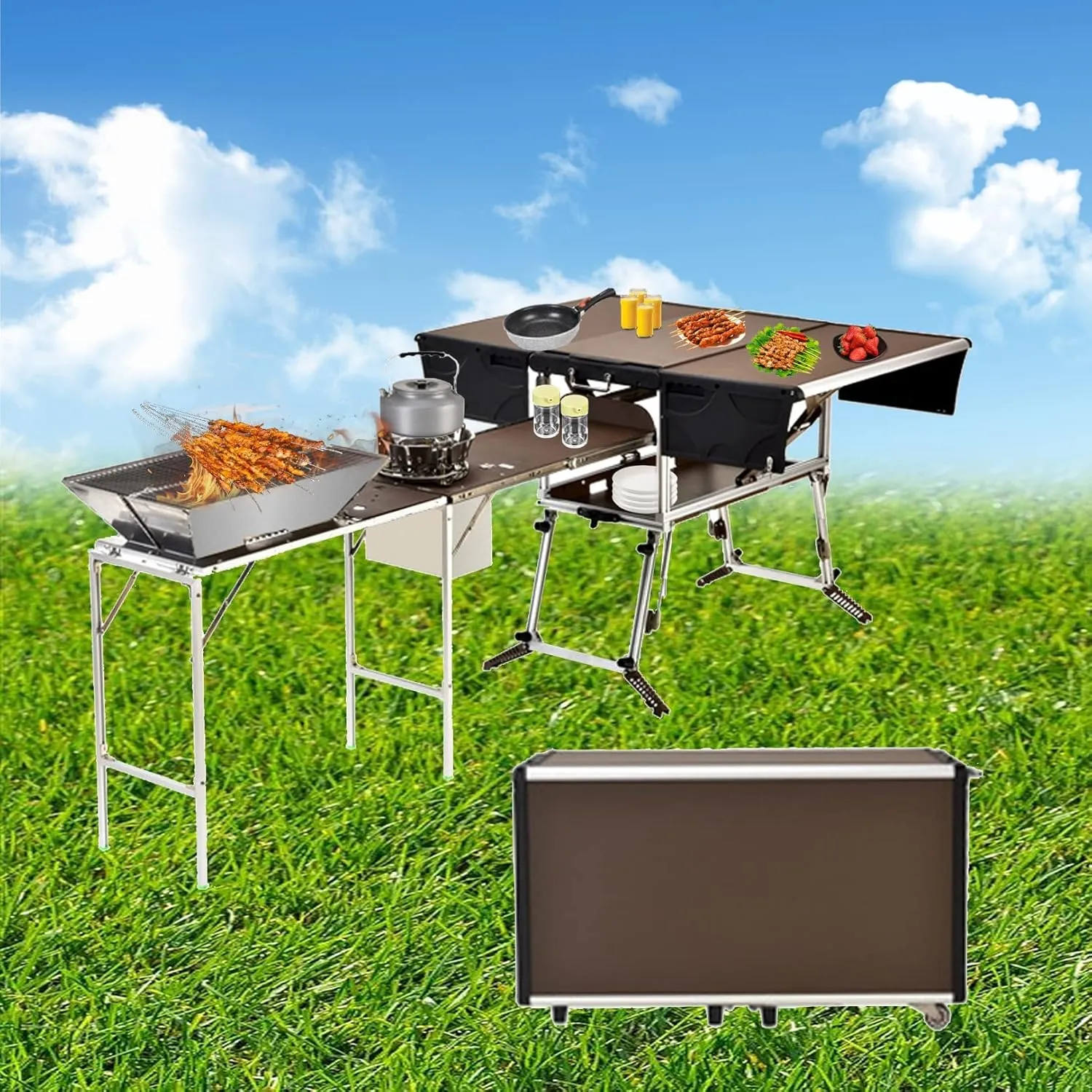 Outdoor Master Cook Station Aluminum Camping Table,Easy Carry Picnic Folding Table with kitchenware and Stove for RV BBQ Cooking Outdoor, Package 3