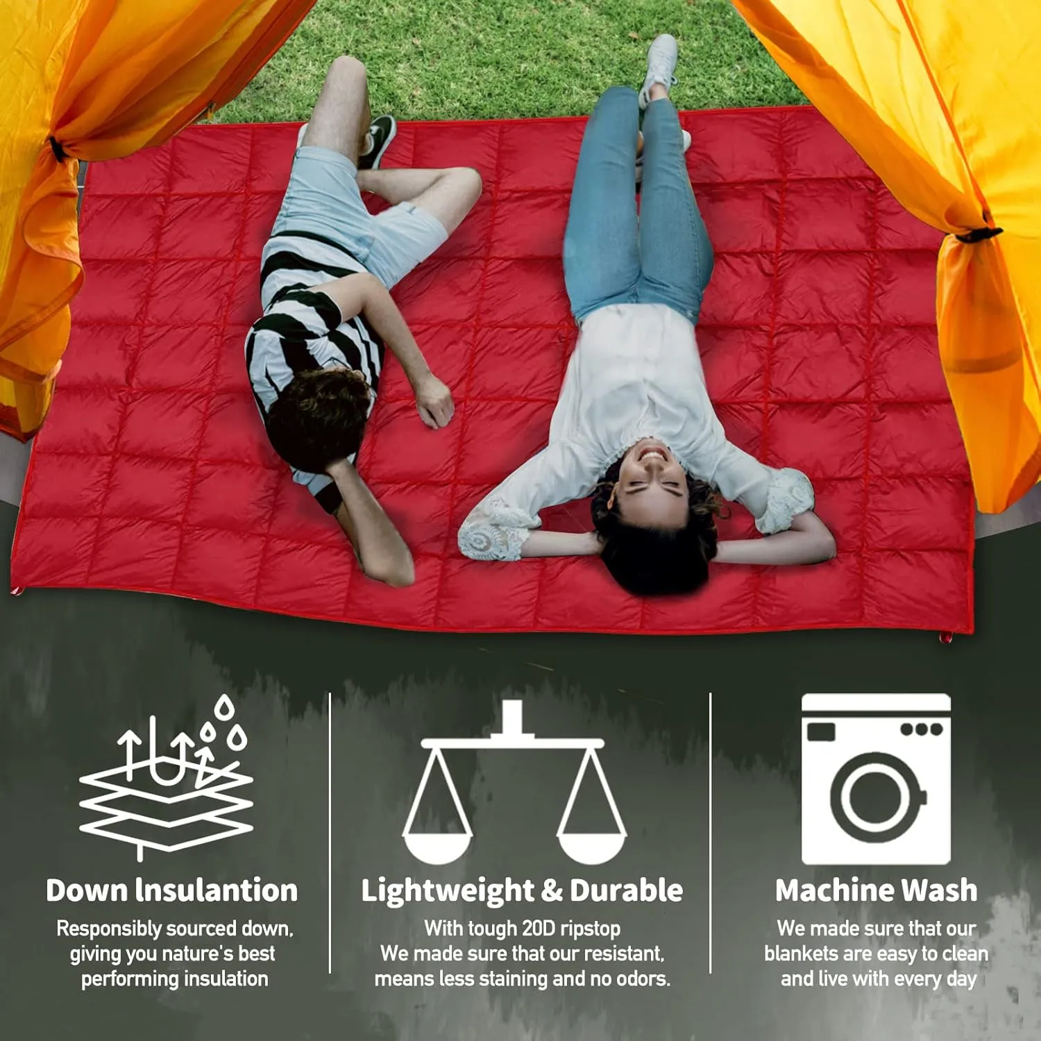 Outdoor Puffy Camping Blanket, Lightweight Down Alternative Puffy Printed Camping Large Ultra Warm Hammock Top Quilt Waterproof Blanket for Traveling Picnic Beach Party Cold Weather (Red)