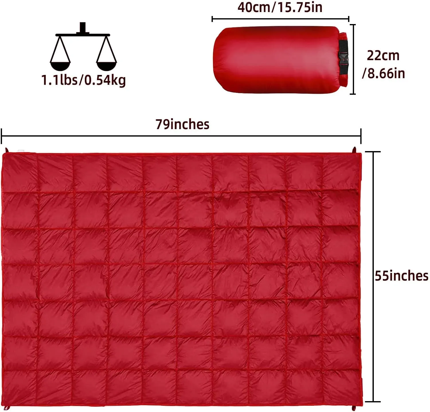 Outdoor Puffy Camping Blanket, Lightweight Down Alternative Puffy Printed Camping Large Ultra Warm Hammock Top Quilt Waterproof Blanket for Traveling Picnic Beach Party Cold Weather (Red)