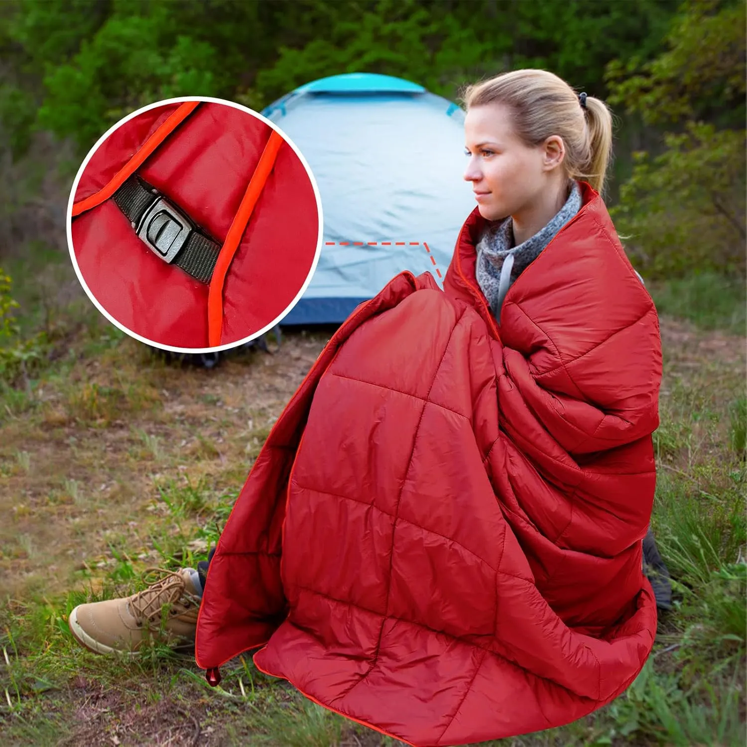 Outdoor Puffy Camping Blanket, Lightweight Down Alternative Puffy Printed Camping Large Ultra Warm Hammock Top Quilt Waterproof Blanket for Traveling Picnic Beach Party Cold Weather (Red)