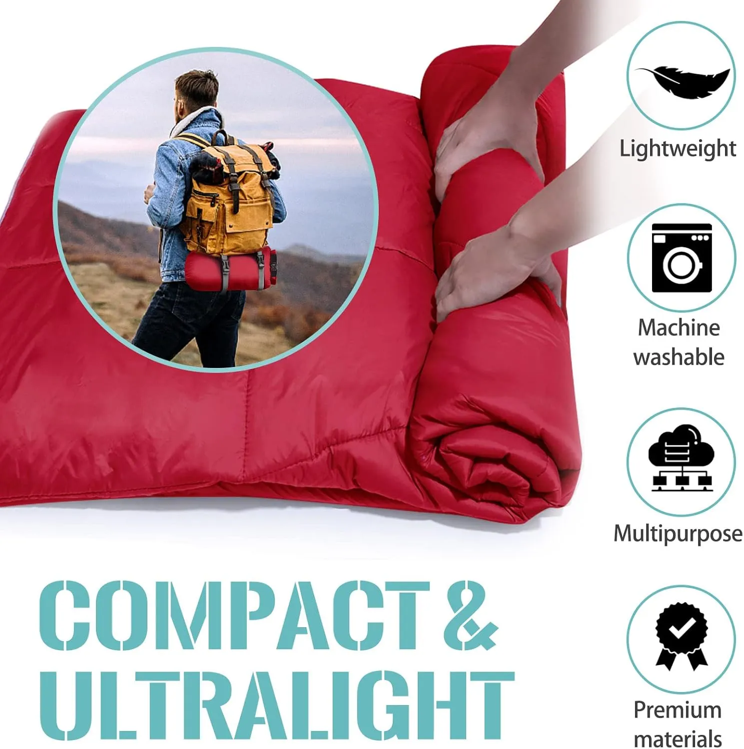 Outdoor Puffy Camping Blanket, Lightweight Down Alternative Puffy Printed Camping Large Ultra Warm Hammock Top Quilt Waterproof Blanket for Traveling Picnic Beach Party Cold Weather (Red)