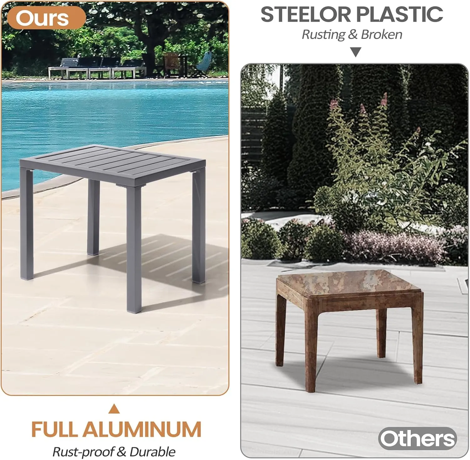 Outdoor Side Table Aluminum Small Outdoor Coffee Table Metal Outdoor End Table Outside Side Table for Patio Garden Bistro Poolside(Grey)