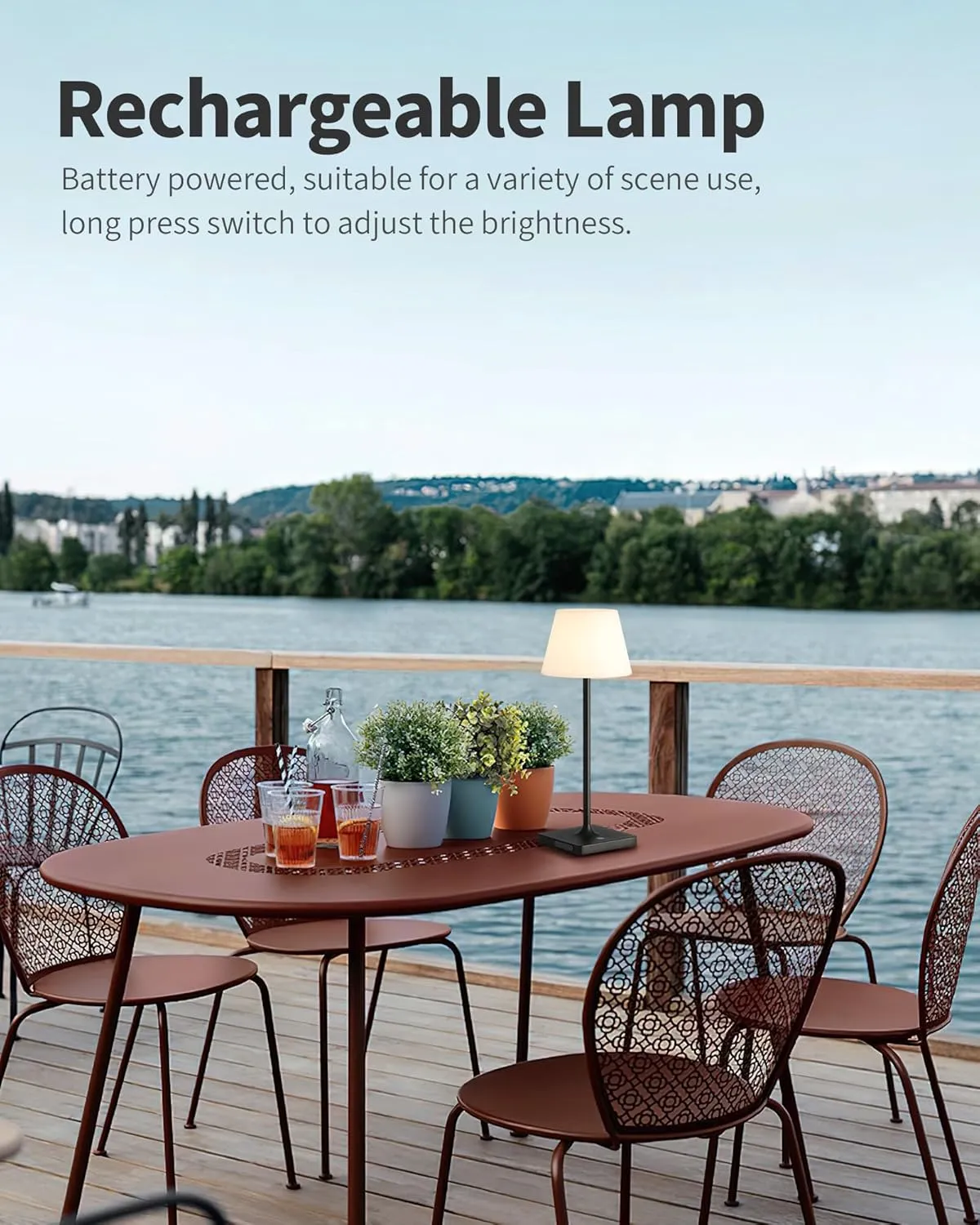Outdoor Waterproof Cordless Table Lamp, 4000mAh Portable Rechargeable Battery Powered Dimmable LED Touch Table Light, Modern Night Light for Bedroom, Bathroom, Restaurant, Garden (Black 14.5")