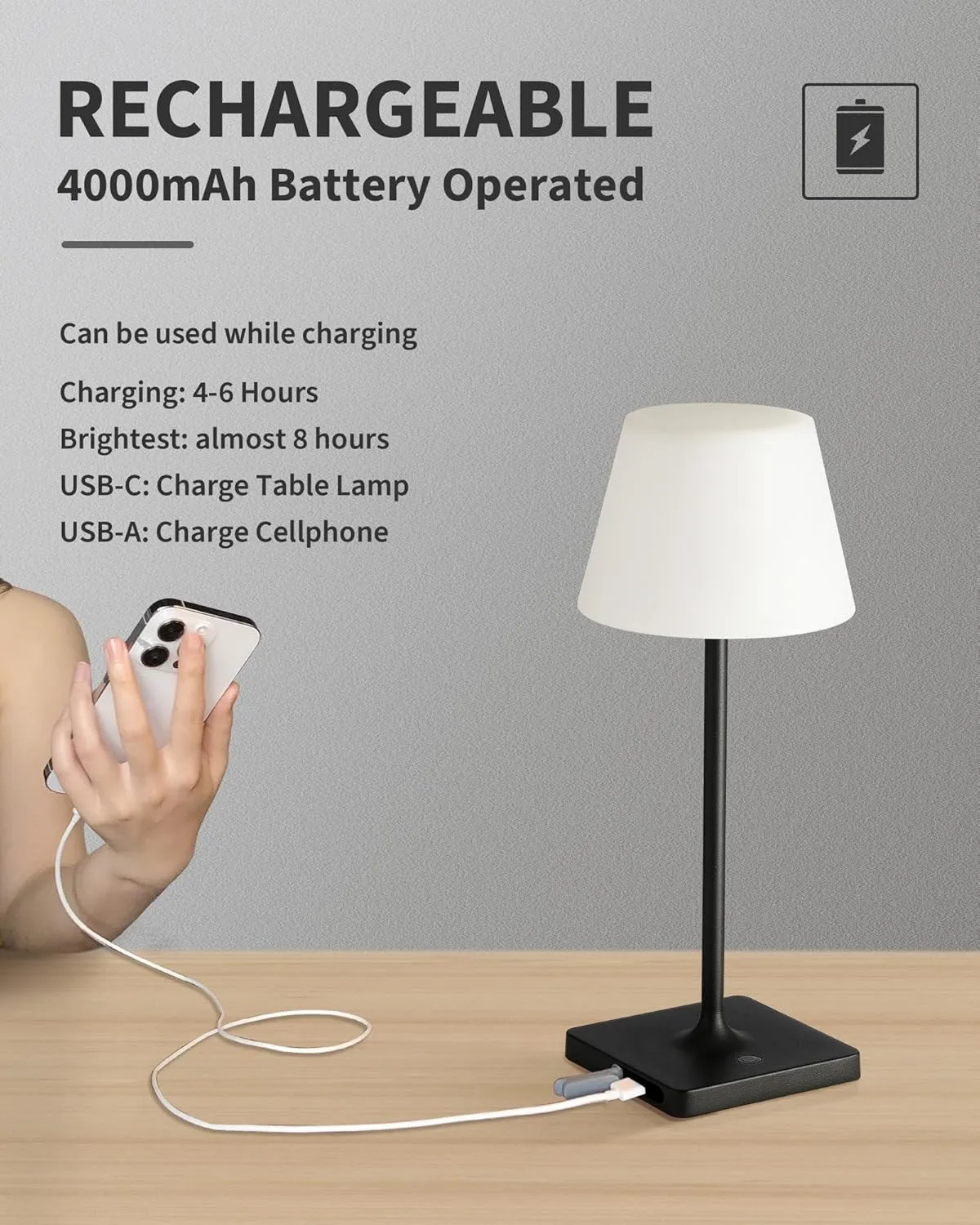 Outdoor Waterproof Cordless Table Lamp, 4000mAh Portable Rechargeable Battery Powered Dimmable LED Touch Table Light, Modern Night Light for Bedroom, Bathroom, Restaurant, Garden (Black 14.5")