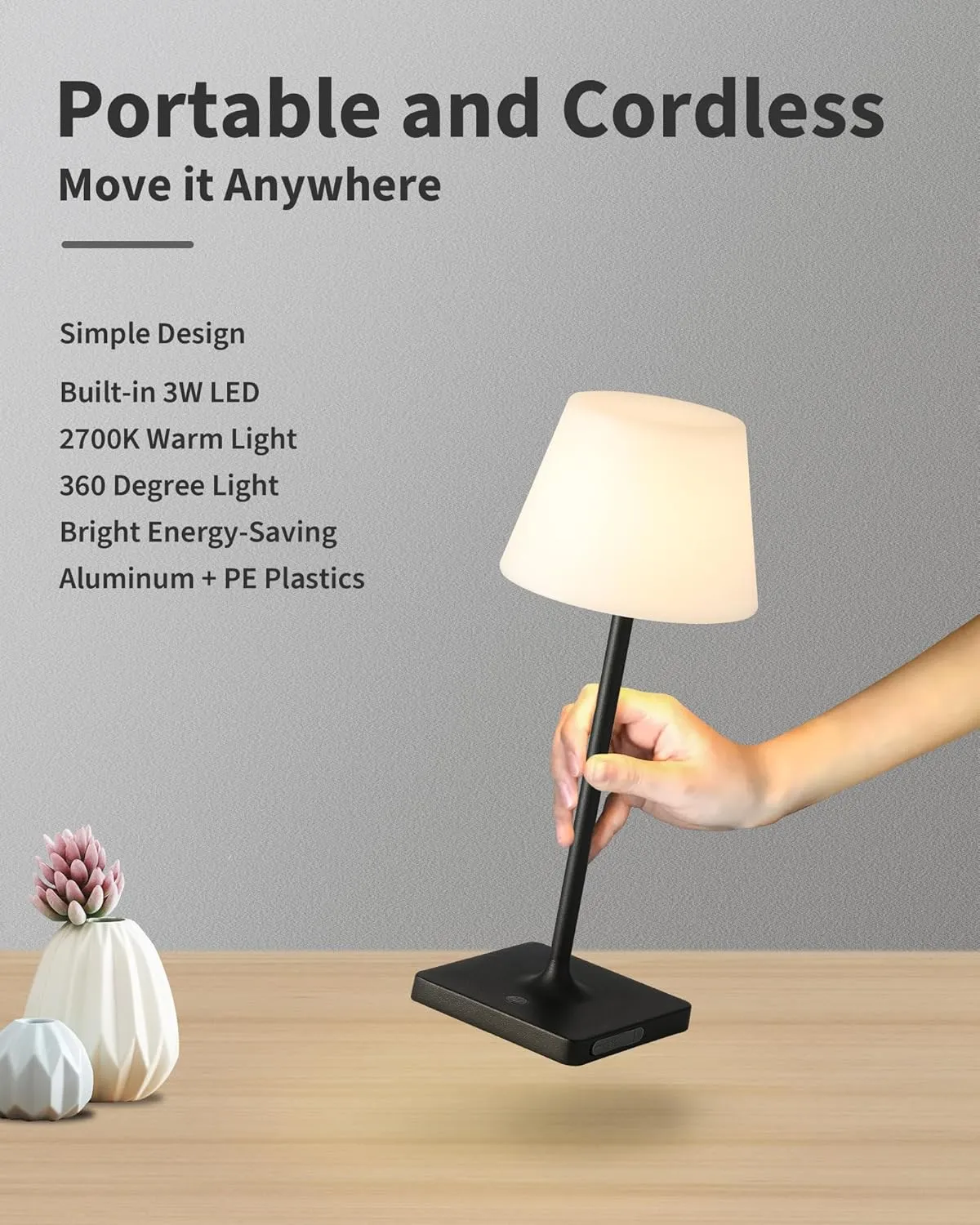 Outdoor Waterproof Cordless Table Lamp, 4000mAh Portable Rechargeable Battery Powered Dimmable LED Touch Table Light, Modern Night Light for Bedroom, Bathroom, Restaurant, Garden (Black 14.5")