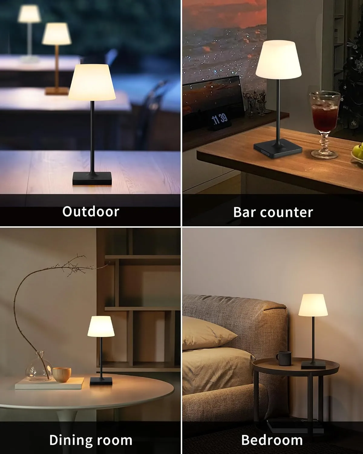 Outdoor Waterproof Cordless Table Lamp, 4000mAh Portable Rechargeable Battery Powered Dimmable LED Touch Table Light, Modern Night Light for Bedroom, Bathroom, Restaurant, Garden (Black 14.5")