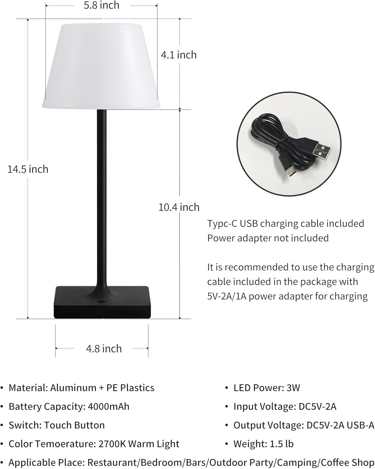 Outdoor Waterproof Cordless Table Lamp, 4000mAh Portable Rechargeable Battery Powered Dimmable LED Touch Table Light, Modern Night Light for Bedroom, Bathroom, Restaurant, Garden (Black 14.5")