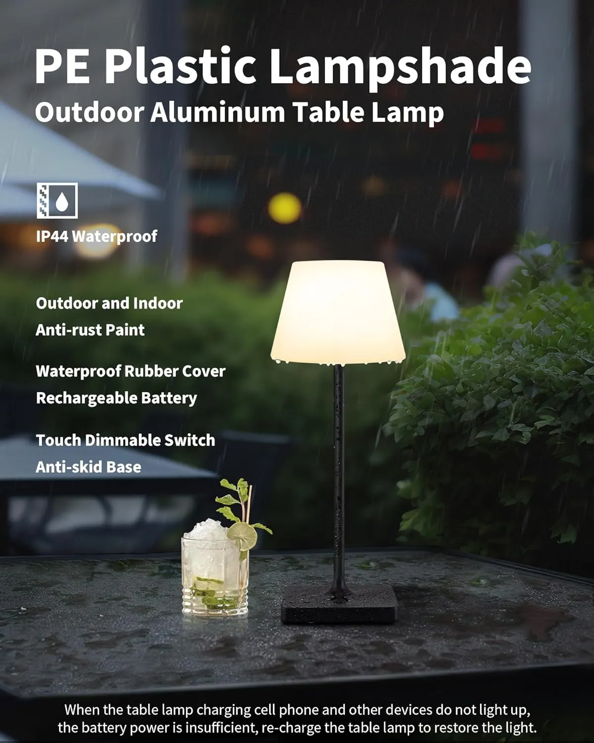 Outdoor Waterproof Cordless Table Lamp, 4000mAh Portable Rechargeable Battery Powered Dimmable LED Touch Table Light, Modern Night Light for Bedroom, Bathroom, Restaurant, Garden (Black 14.5")