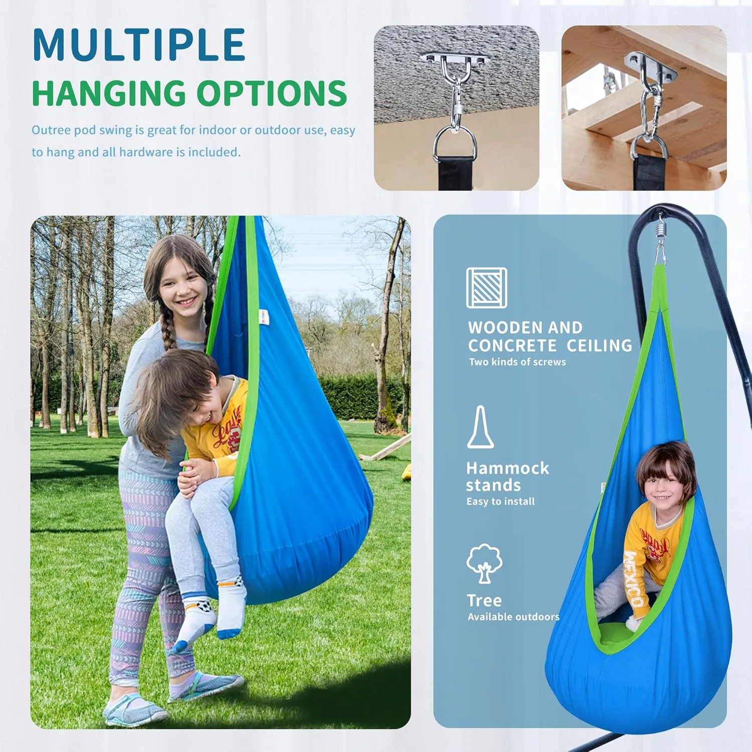 OUTREE Kids Pod Swing Seat, Cotton Child Hammock Swing Chair, Sensory Swing for Indoor and Outdoor Use, Blue