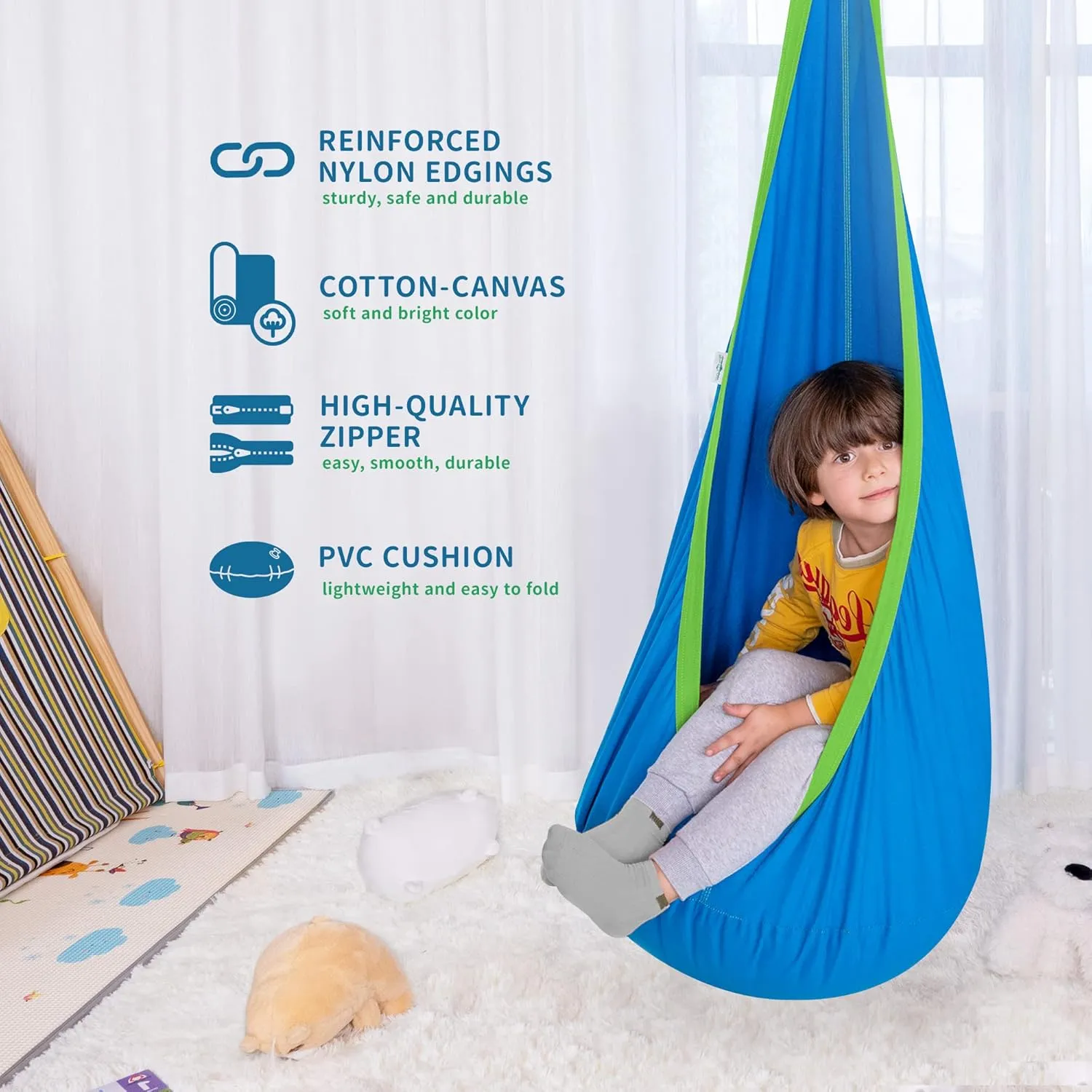 OUTREE Kids Pod Swing Seat, Cotton Child Hammock Swing Chair, Sensory Swing for Indoor and Outdoor Use, Blue
