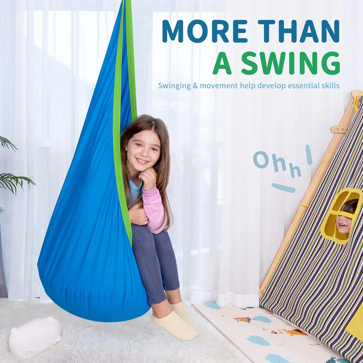 OUTREE Kids Pod Swing Seat, Cotton Child Hammock Swing Chair, Sensory Swing for Indoor and Outdoor Use, Blue