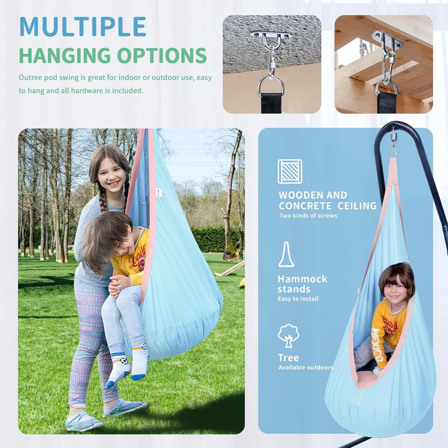 OUTREE Kids Pod Swing Seat, Cotton Child Hammock Swing Chair, Sensory Swing for Indoor and Outdoor Use, Macaron Blue