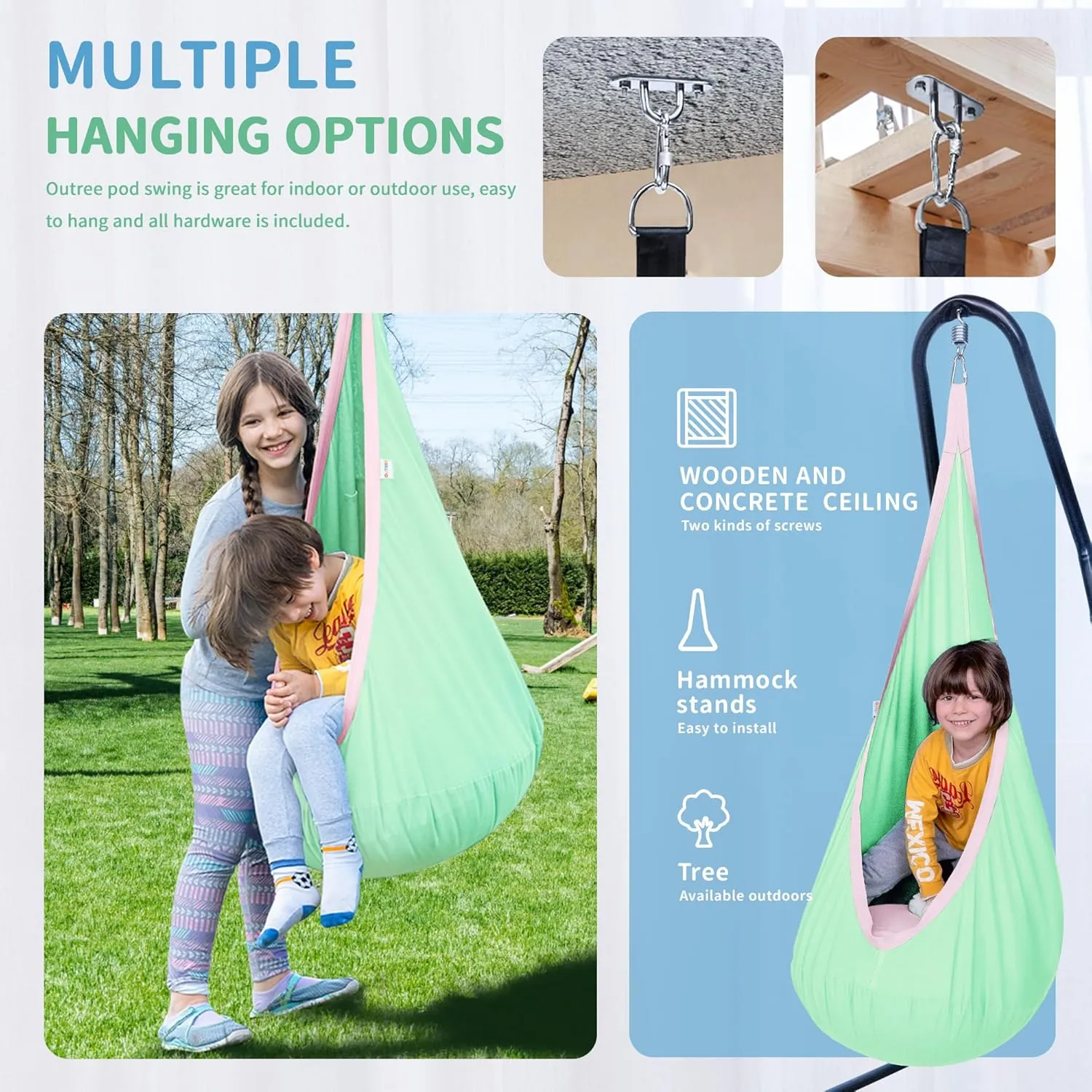 OUTREE Kids Pod Swing Seat, Cotton Child Hammock Swing Chair, Sensory Swing for Indoor and Outdoor Use, Macaron Green