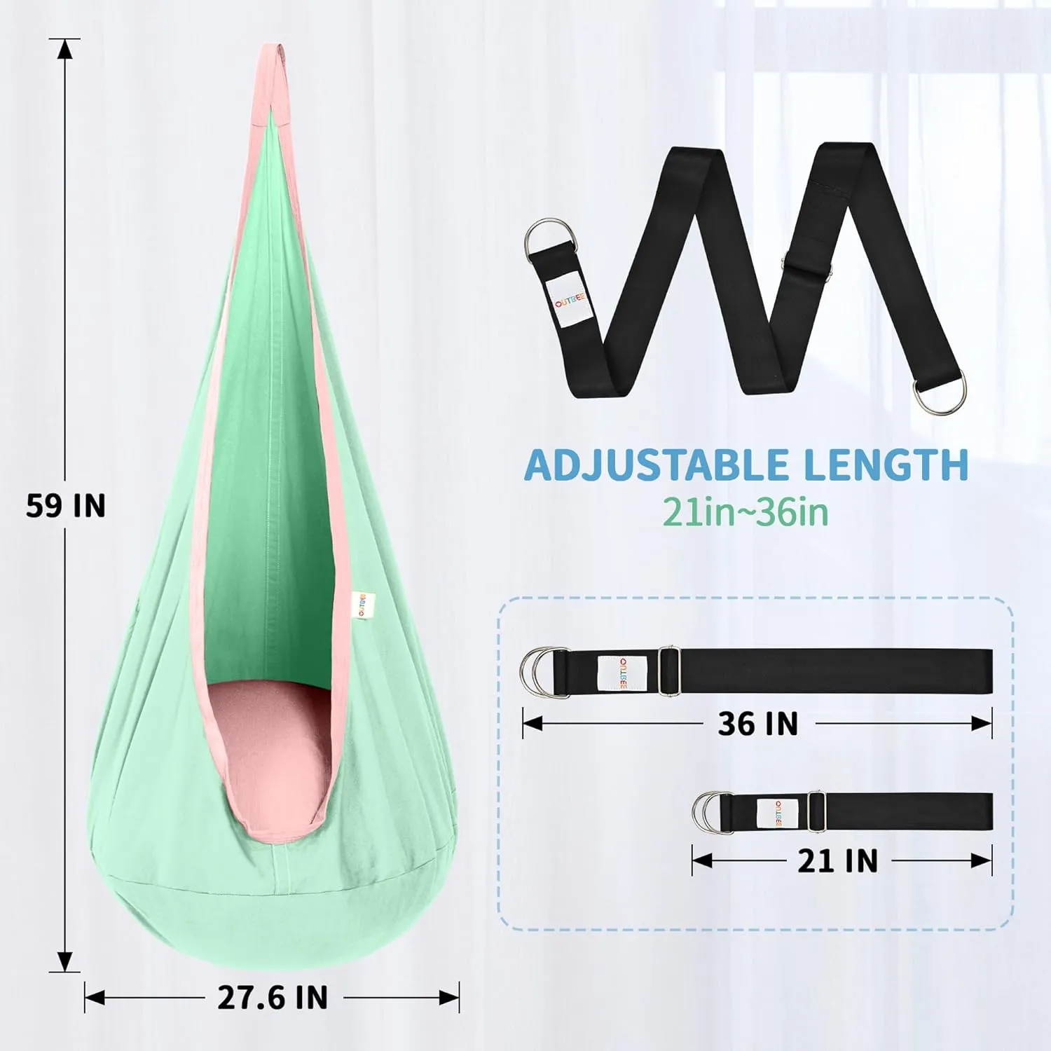 OUTREE Kids Pod Swing Seat, Cotton Child Hammock Swing Chair, Sensory Swing for Indoor and Outdoor Use, Macaron Green