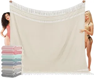 Oversized Turkish Beach Towel Blanket XXL Cotton Sandproof Towels Boho Woven Extra Large Big Sand Free Giant Throw Thick Blankets Huge Quilt XL Picnic Camping Necessities Cloud For Adult Gifts Beige