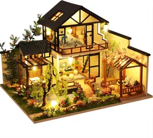 OZJAY DIY Miniature House Kit, Tiny House Kit with LED & Music Movement, DIY Wooden Dollhouse Miniature Kit for Adults Teen, Wooden Crafts Lovely Dollhouse Kit(Bamboo Stream Garden)