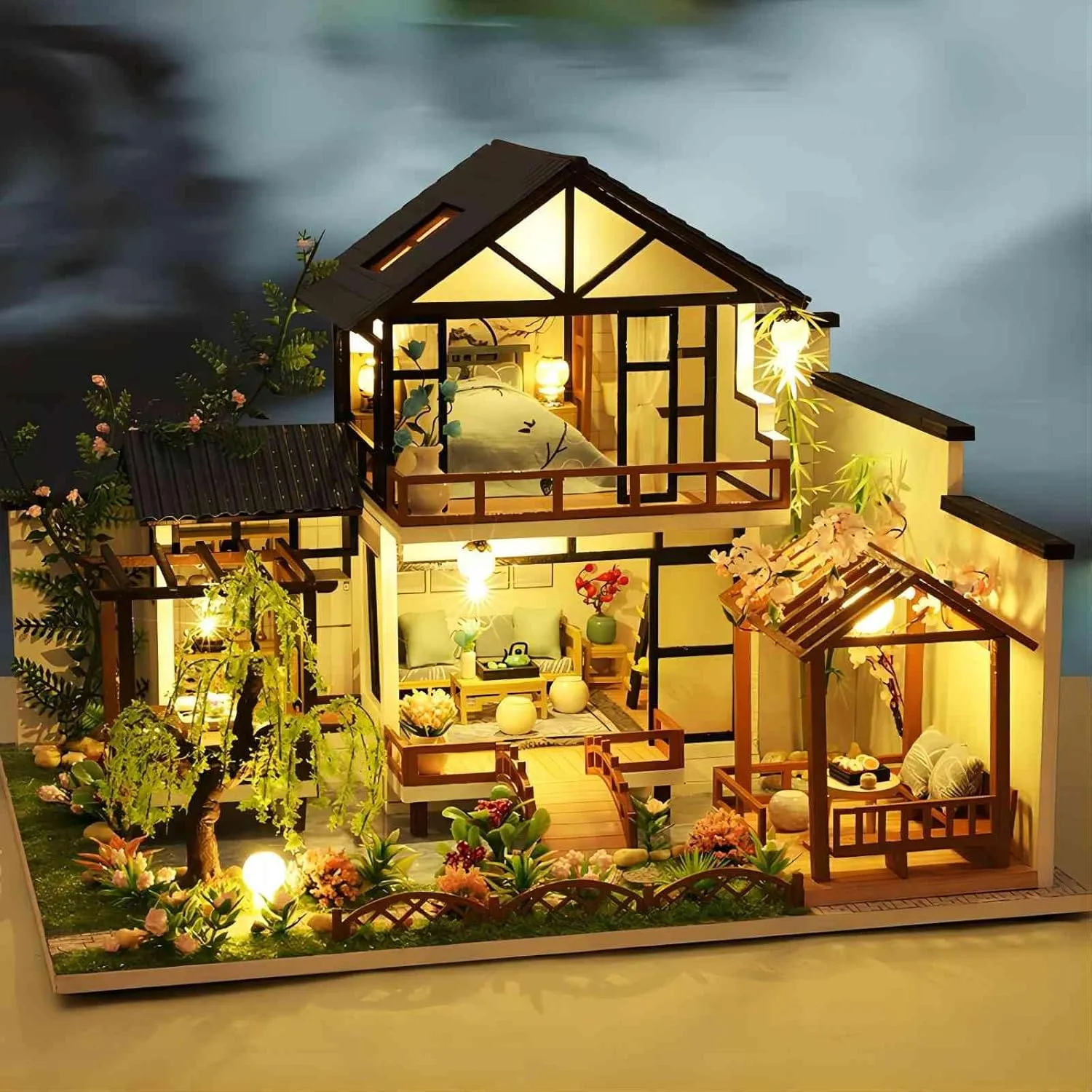 OZJAY DIY Miniature House Kit, Tiny House Kit with LED & Music Movement, DIY Wooden Dollhouse Miniature Kit for Adults Teen, Wooden Crafts Lovely Dollhouse Kit(Bamboo Stream Garden)