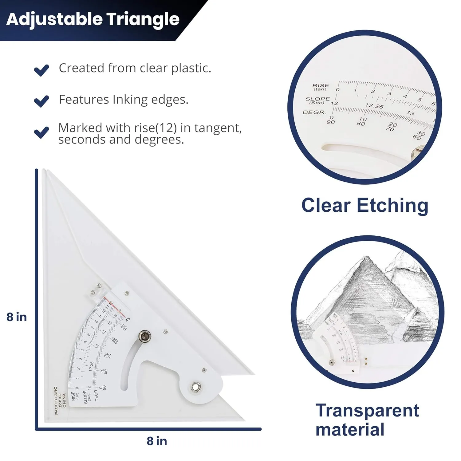 Pacific Arc Adjustable 8 Inch Triangle Plain Edge for Drafting, Architect, Engineer