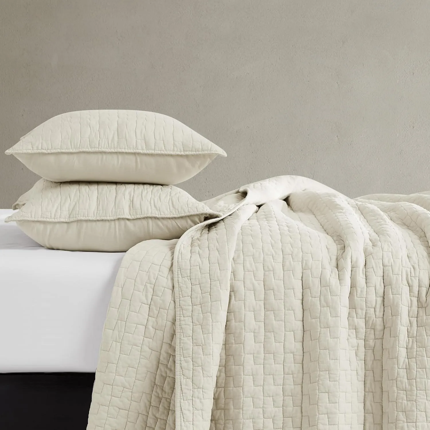 palassio Beige 100% Cotton Quilt Queen Size Bedding Sets with 2 Pillow Shams, Textured Lightweight Soft Bedspread Shabby Chic Coverlet, Neutral Quilted Comforter Bed Cover for All Season, 3 Pieces