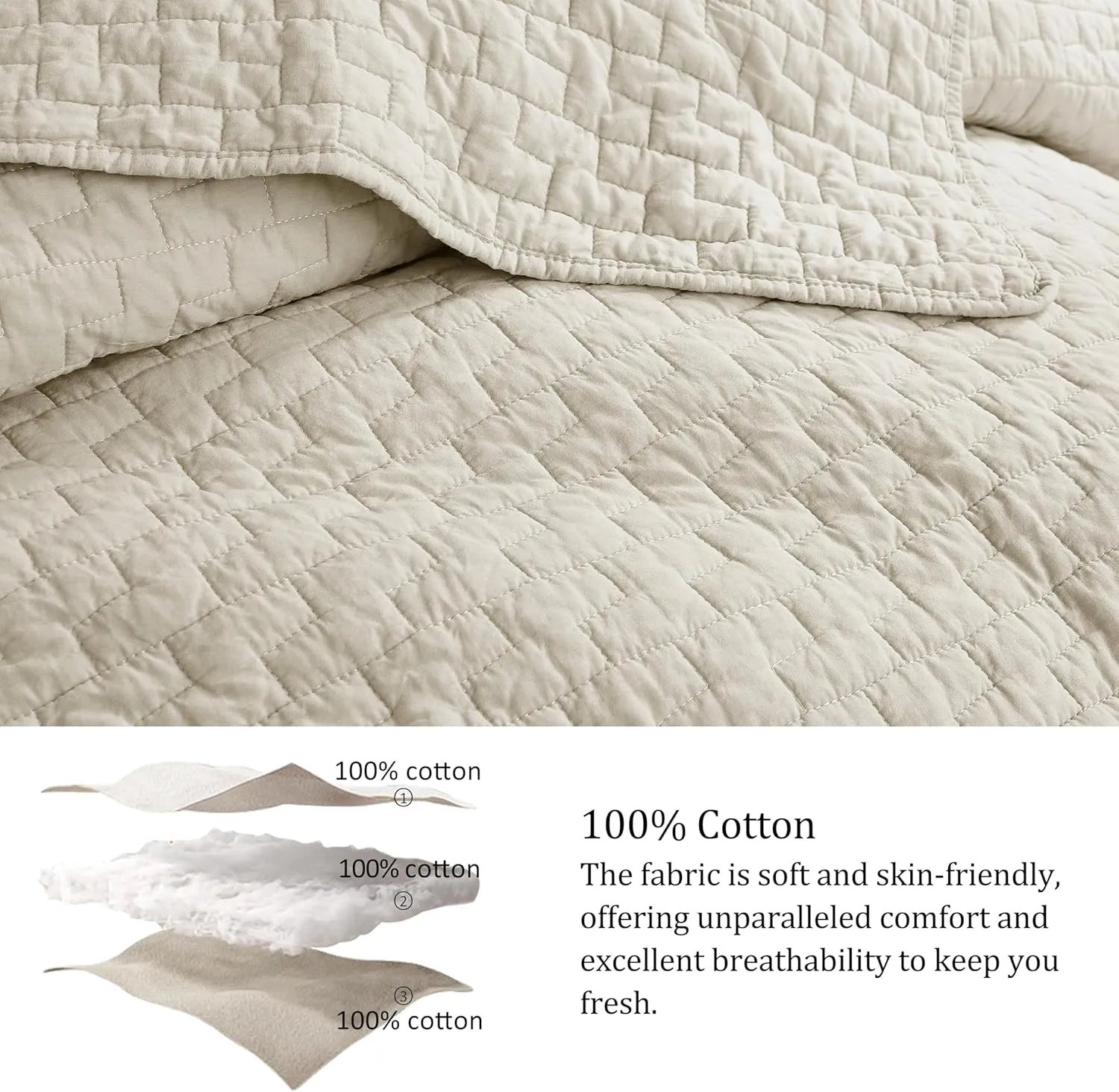 palassio Beige 100% Cotton Quilt Queen Size Bedding Sets with 2 Pillow Shams, Textured Lightweight Soft Bedspread Shabby Chic Coverlet, Neutral Quilted Comforter Bed Cover for All Season, 3 Pieces