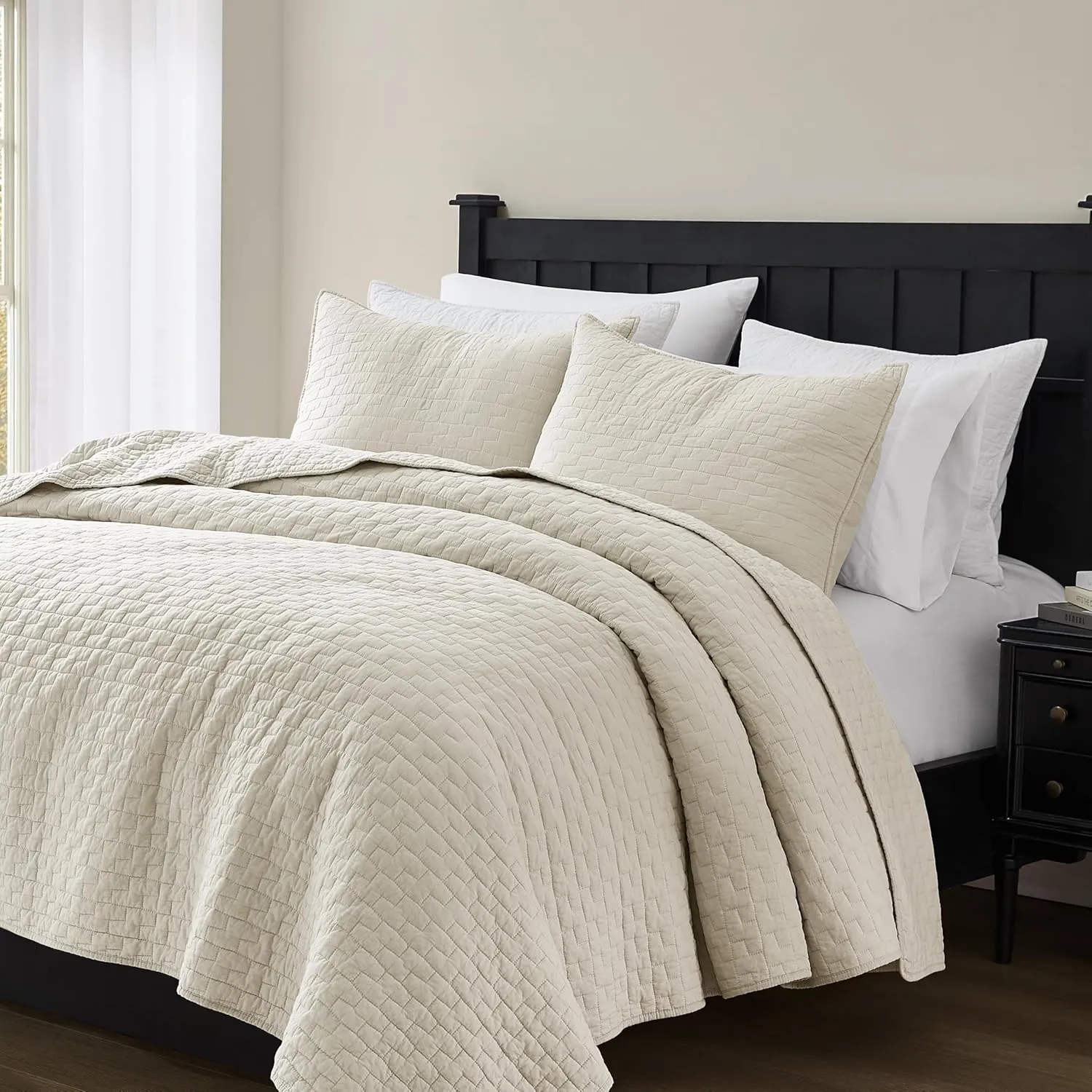 palassio Beige 100% Cotton Quilt Queen Size Bedding Sets with 2 Pillow Shams, Textured Lightweight Soft Bedspread Shabby Chic Coverlet, Neutral Quilted Comforter Bed Cover for All Season, 3 Pieces