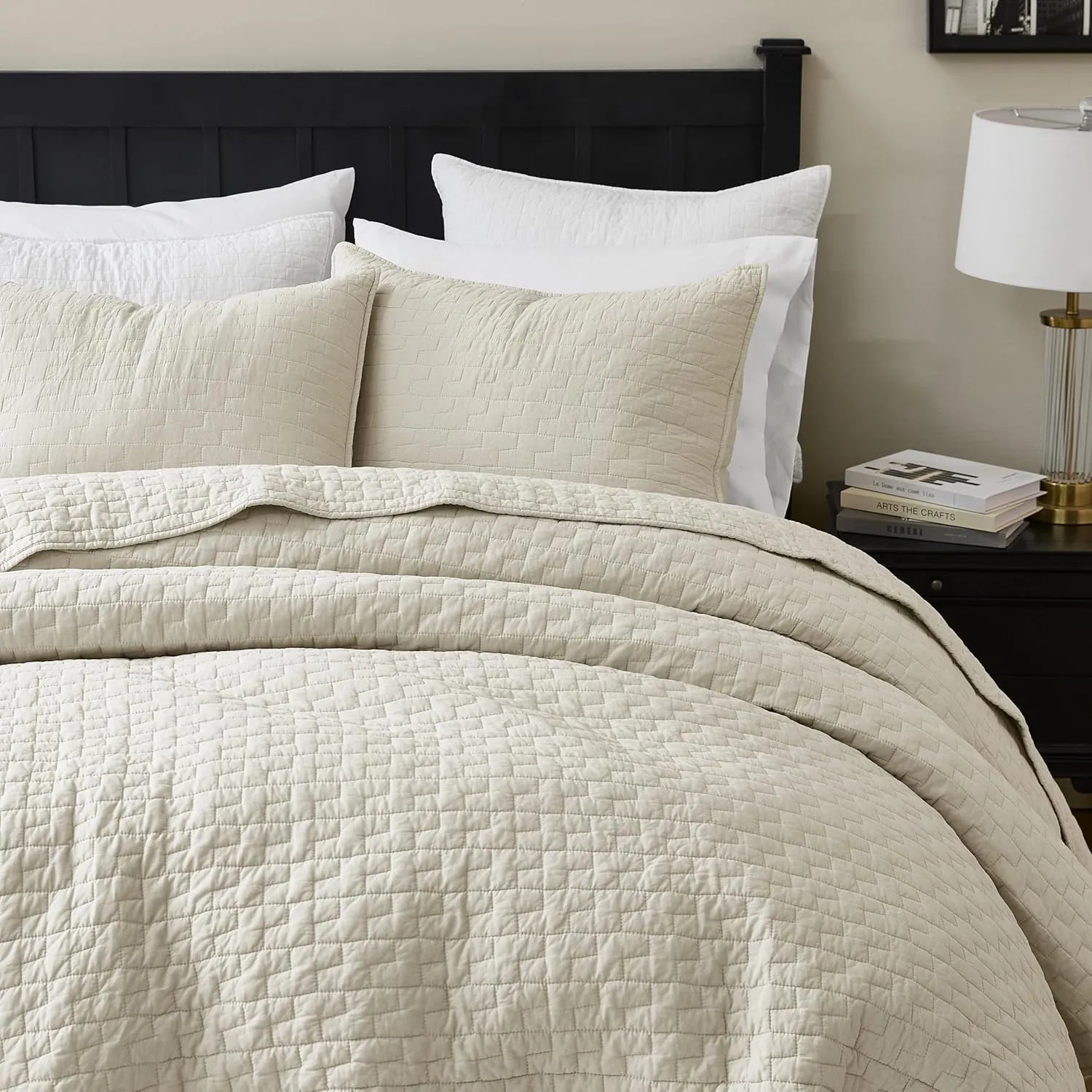 palassio Beige 100% Cotton Quilt Queen Size Bedding Sets with 2 Pillow Shams, Textured Lightweight Soft Bedspread Shabby Chic Coverlet, Neutral Quilted Comforter Bed Cover for All Season, 3 Pieces
