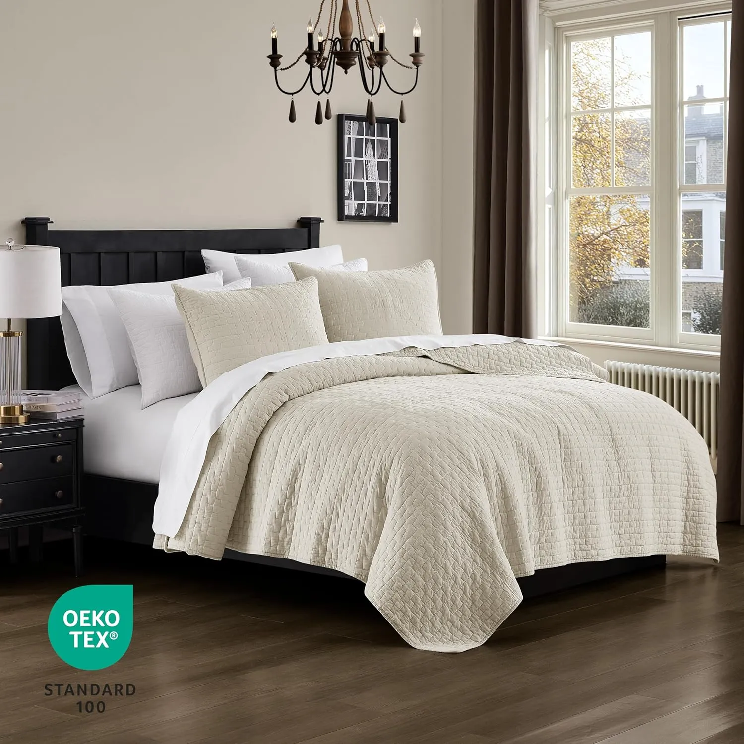 palassio Beige 100% Cotton Quilt Queen Size Bedding Sets with 2 Pillow Shams, Textured Lightweight Soft Bedspread Shabby Chic Coverlet, Neutral Quilted Comforter Bed Cover for All Season, 3 Pieces
