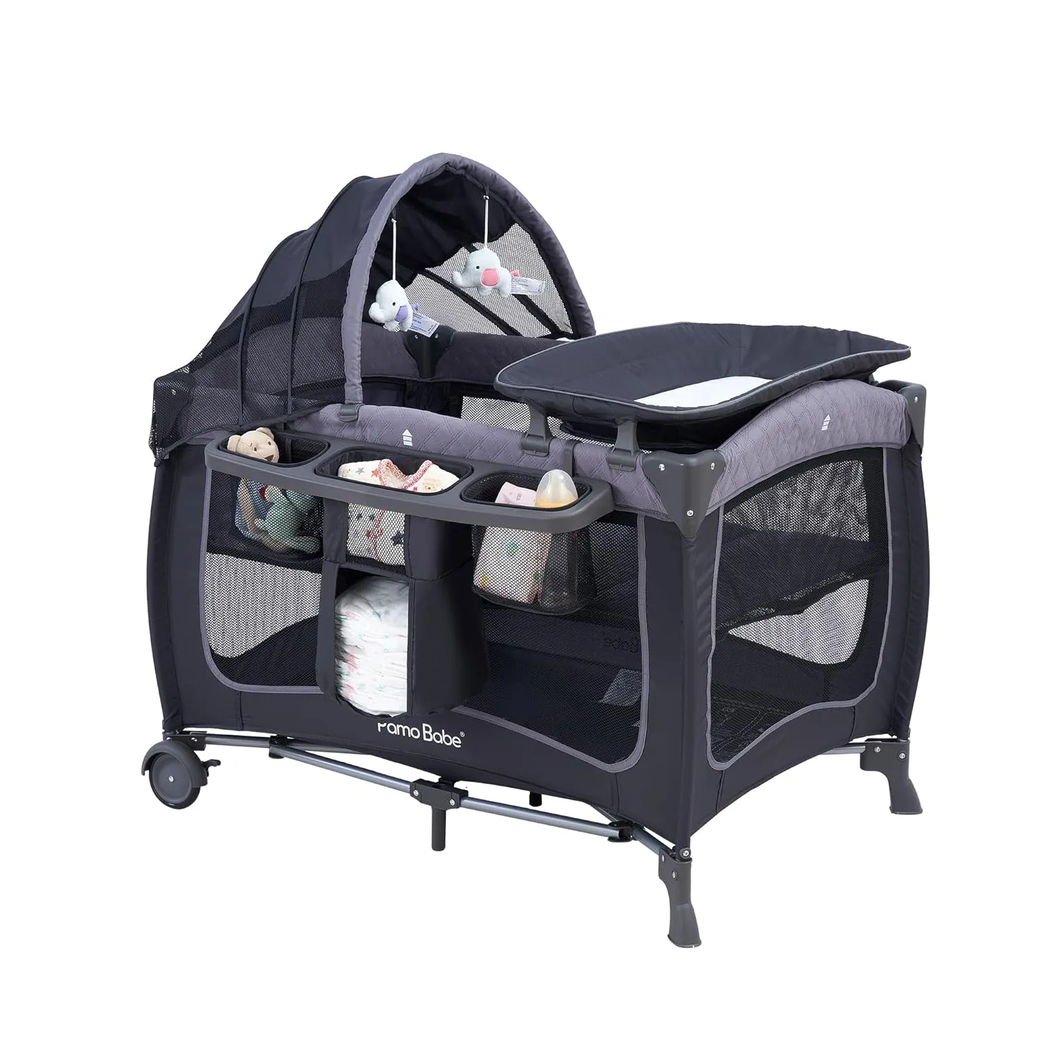 Pamo Babe Baby Playard with Canopy, Portable Crib with Changing Table