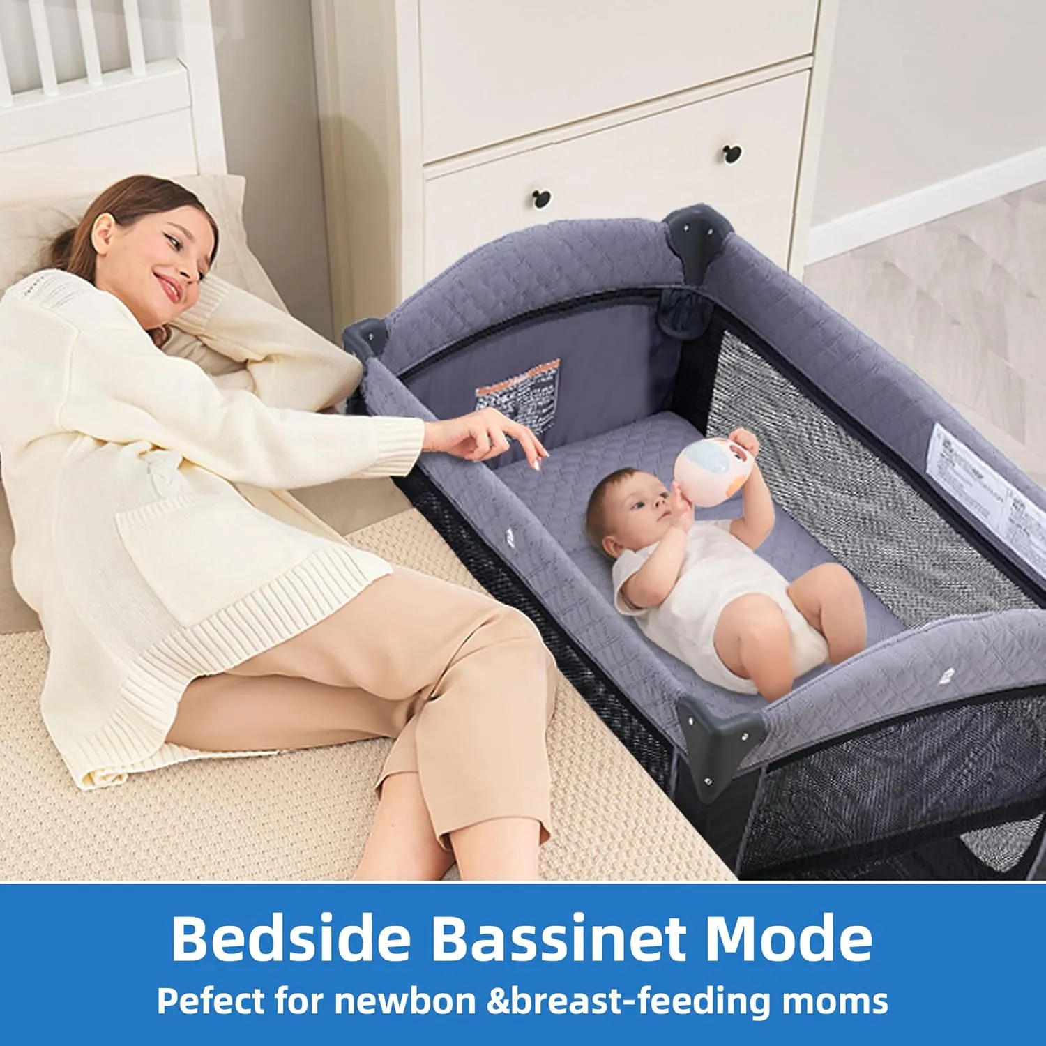 Pamo Babe Baby Playard with Canopy, Portable Crib with Changing Table