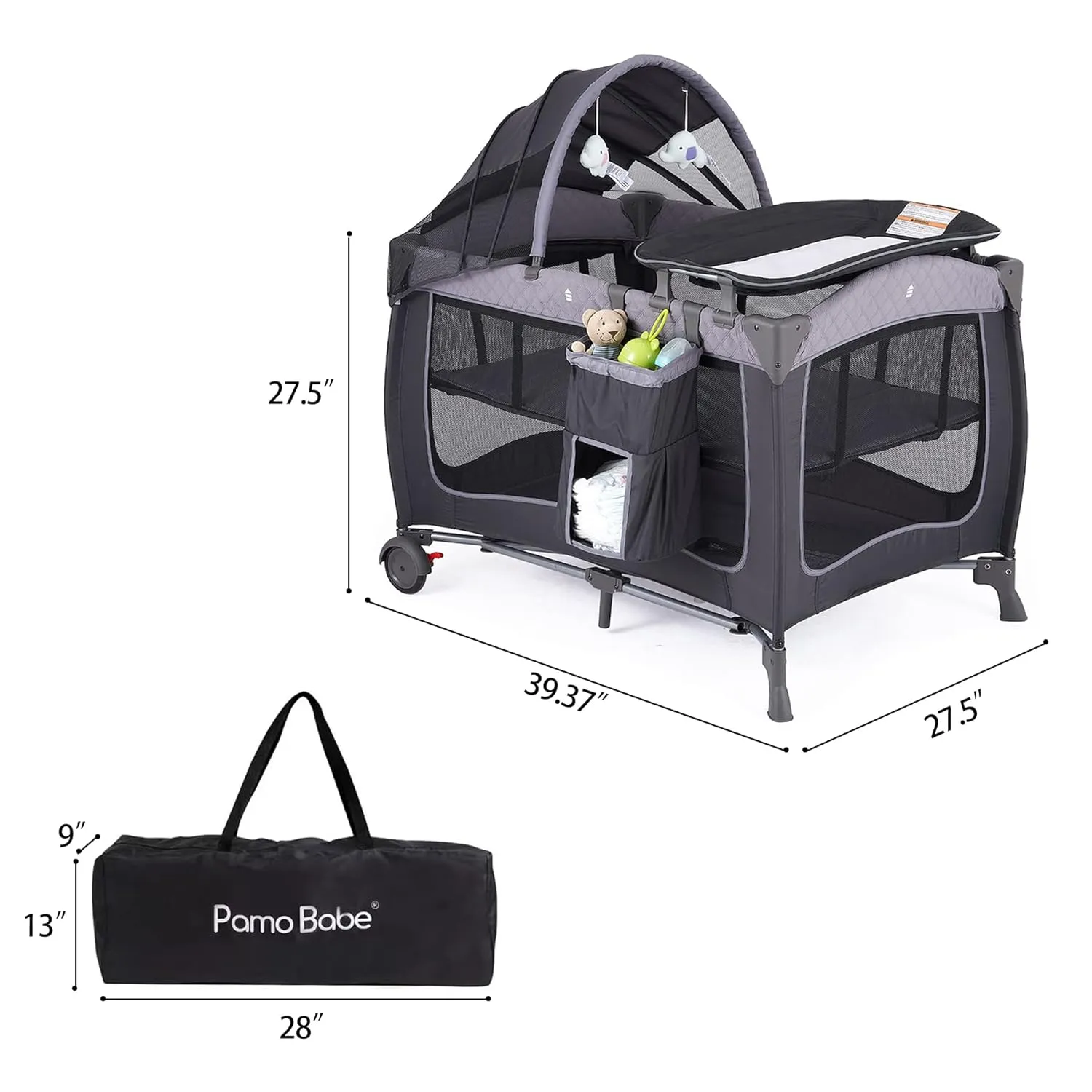Pamo Babe Baby Playard with Canopy, Portable Crib with Changing Table
