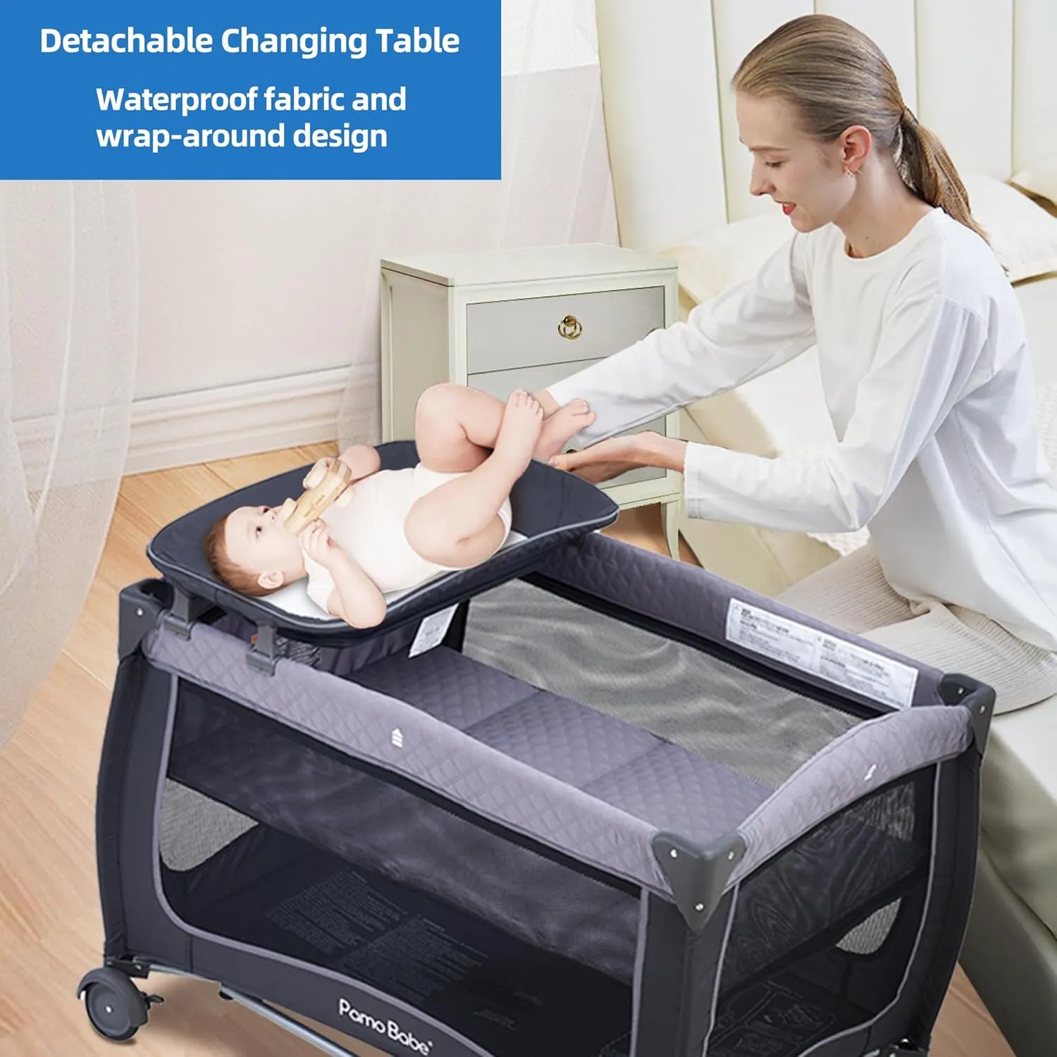 Pamo Babe Baby Playard with Canopy, Portable Crib with Changing Table