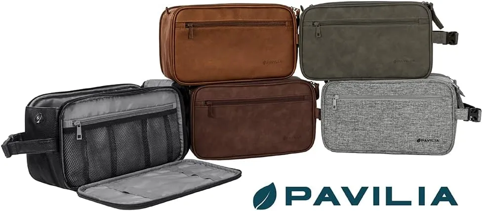 PAVILIA Toiletry Bag for Men, Travel Essentials Shaving Dopp Kit, Mens Travel Bag Toiletries Organizer Case for Grooming, PU Leather Water Resistant Cosmetic Bag Pouch (XL, Heather Grey)