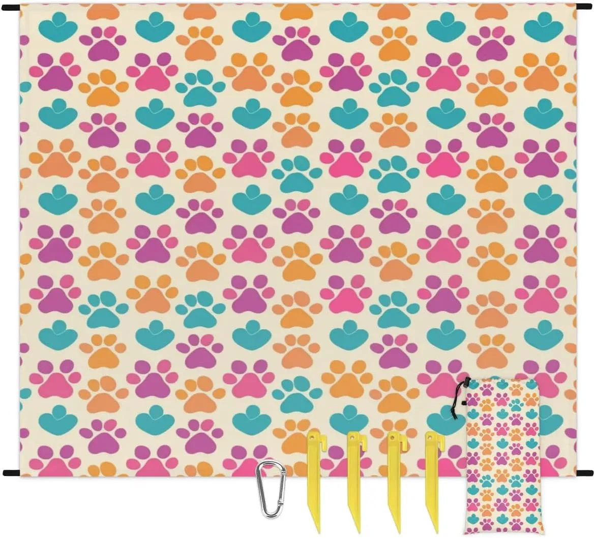 Paw Print Beach Blanket, Sandproof Beach Mat, Adults Waterproof Quick Drying Sand Free Mat with 4 x Ground Spikes for Outdoor Travel Camping Hiking, Doodle Dog Paw Print