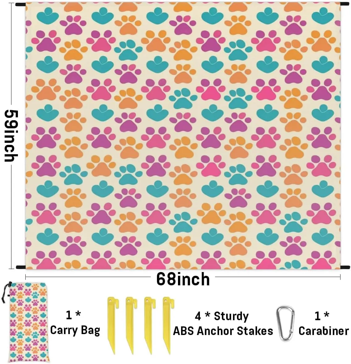 Paw Print Beach Blanket, Sandproof Beach Mat, Adults Waterproof Quick Drying Sand Free Mat with 4 x Ground Spikes for Outdoor Travel Camping Hiking, Doodle Dog Paw Print