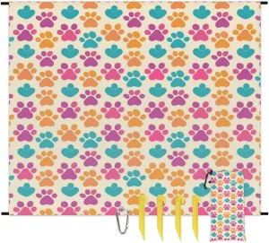 Paw Print Beach Blanket, Sandproof Beach Mat, Adults Waterproof Quick Drying Sand Free Mat with 4 x Ground Spikes for Outdoor Travel Camping Hiking, Doodle Dog Paw Print