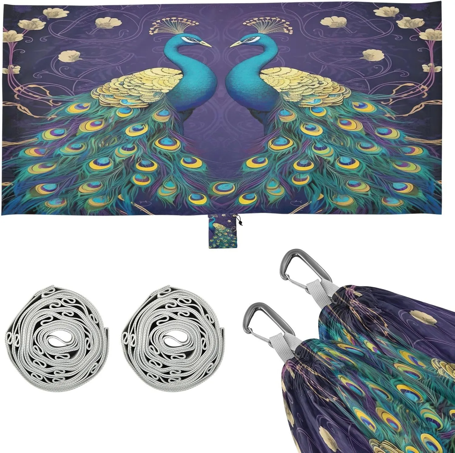 Peacocks on Purple Camping Hammock, 330 lbs with 2 Tree Straps, Carry Bag, Single Portable Hammock for Outdoor/Indoor, Hiking, Beach, Backpacking, Travel