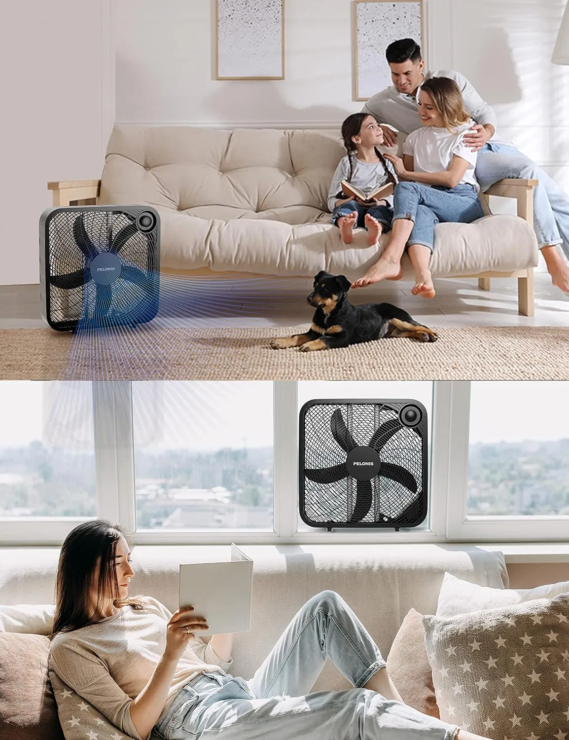 Pelonis Box Fan 20 Inch – Adjustable 3 Speeds For the Perfect Noise Level for Sleeping – 4 Blade Technology Provides Powerful Airflow to Beat the Heat – Sleek Design, Lightweight, Durable, Black