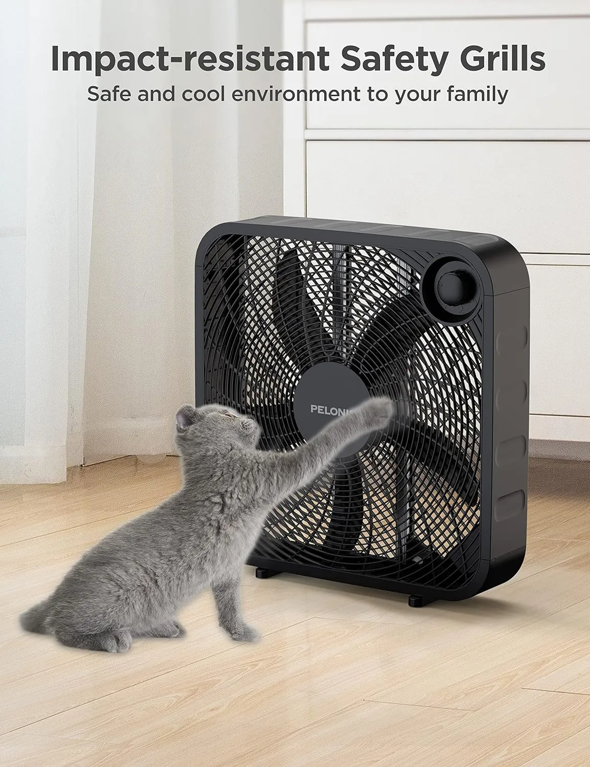 Pelonis Box Fan 20 Inch – Adjustable 3 Speeds For the Perfect Noise Level for Sleeping – 4 Blade Technology Provides Powerful Airflow to Beat the Heat – Sleek Design, Lightweight, Durable, Black