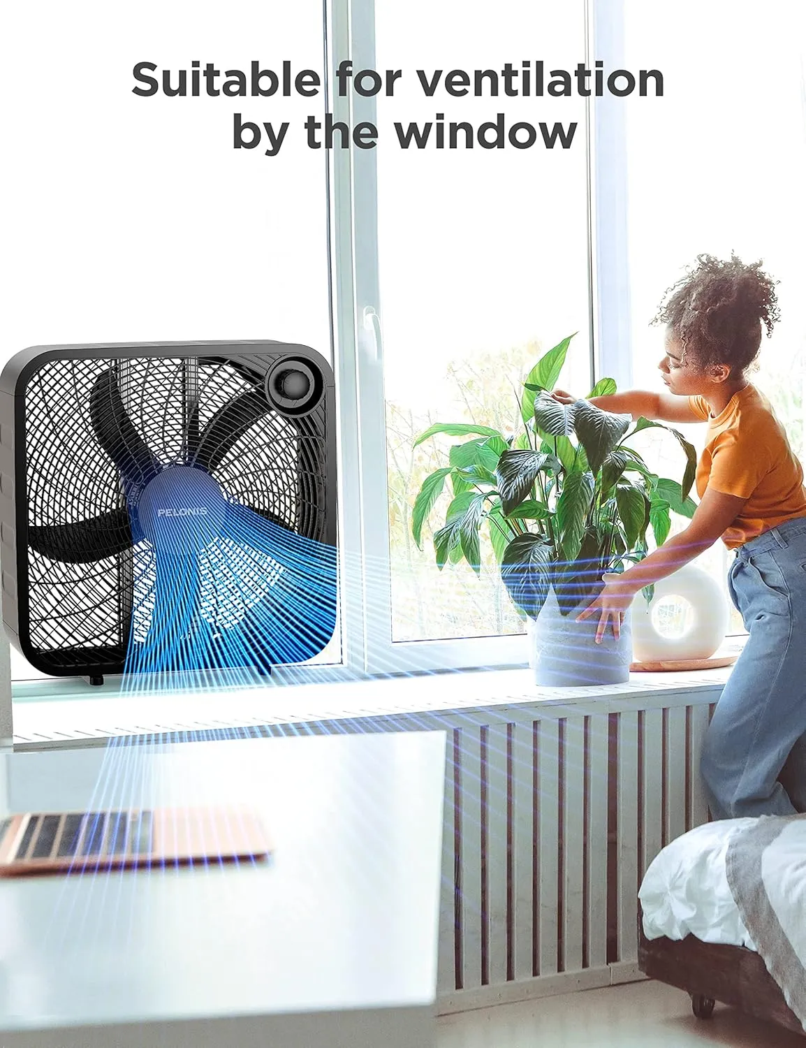 Pelonis Box Fan 20 Inch – Adjustable 3 Speeds For the Perfect Noise Level for Sleeping – 4 Blade Technology Provides Powerful Airflow to Beat the Heat – Sleek Design, Lightweight, Durable, Black