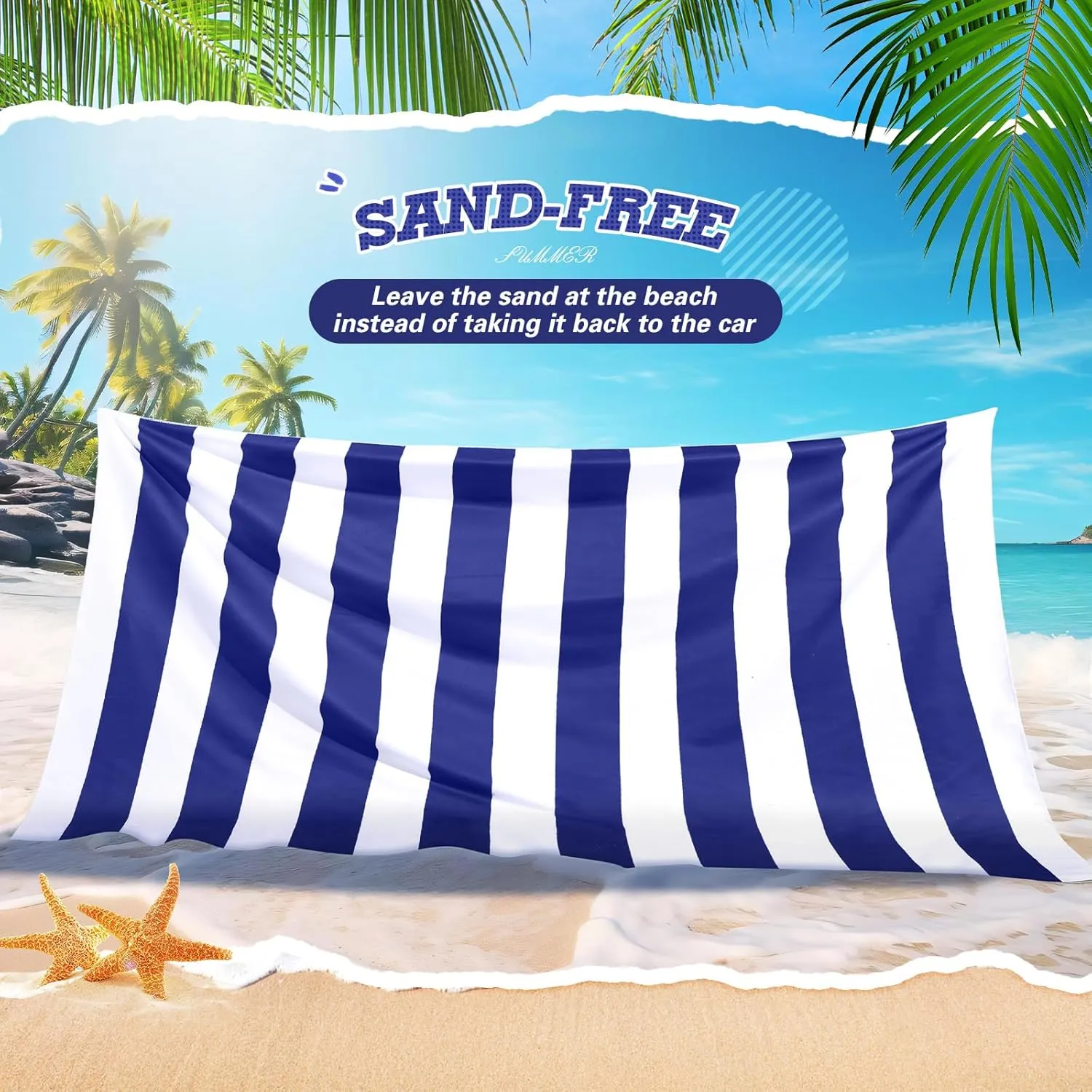 Peryiter Checkered Giant Beach Blanket 71 x 71 Inch Oversized Sandproof Towel Stripe Microfiber Quick Dry Lightweight Huge Blanket for Summer Hawaii Beach Travel Essentials Accessories(Navy Blue)