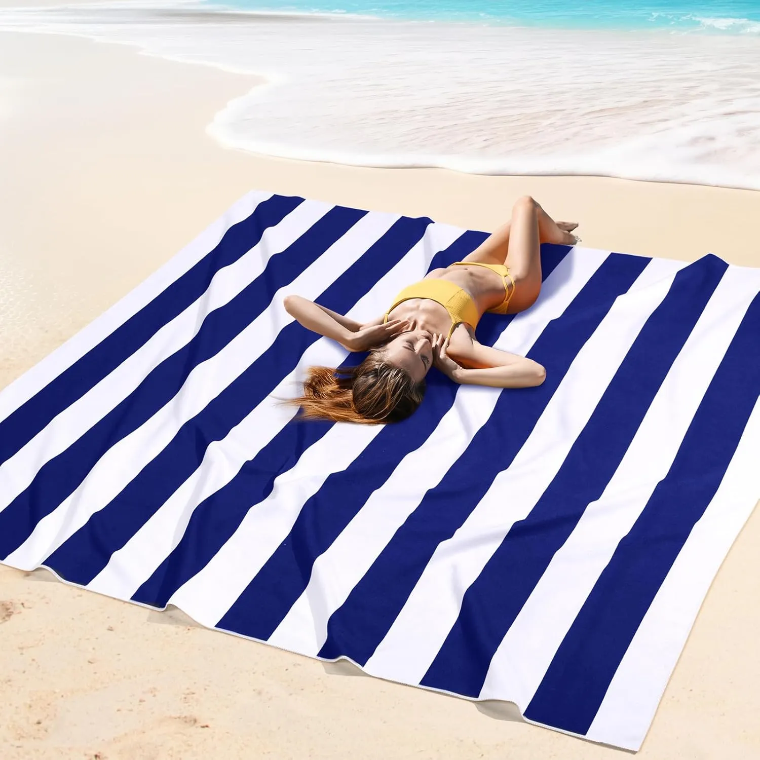 Peryiter Checkered Giant Beach Blanket 71 x 71 Inch Oversized Sandproof Towel Stripe Microfiber Quick Dry Lightweight Huge Blanket for Summer Hawaii Beach Travel Essentials Accessories(Navy Blue)