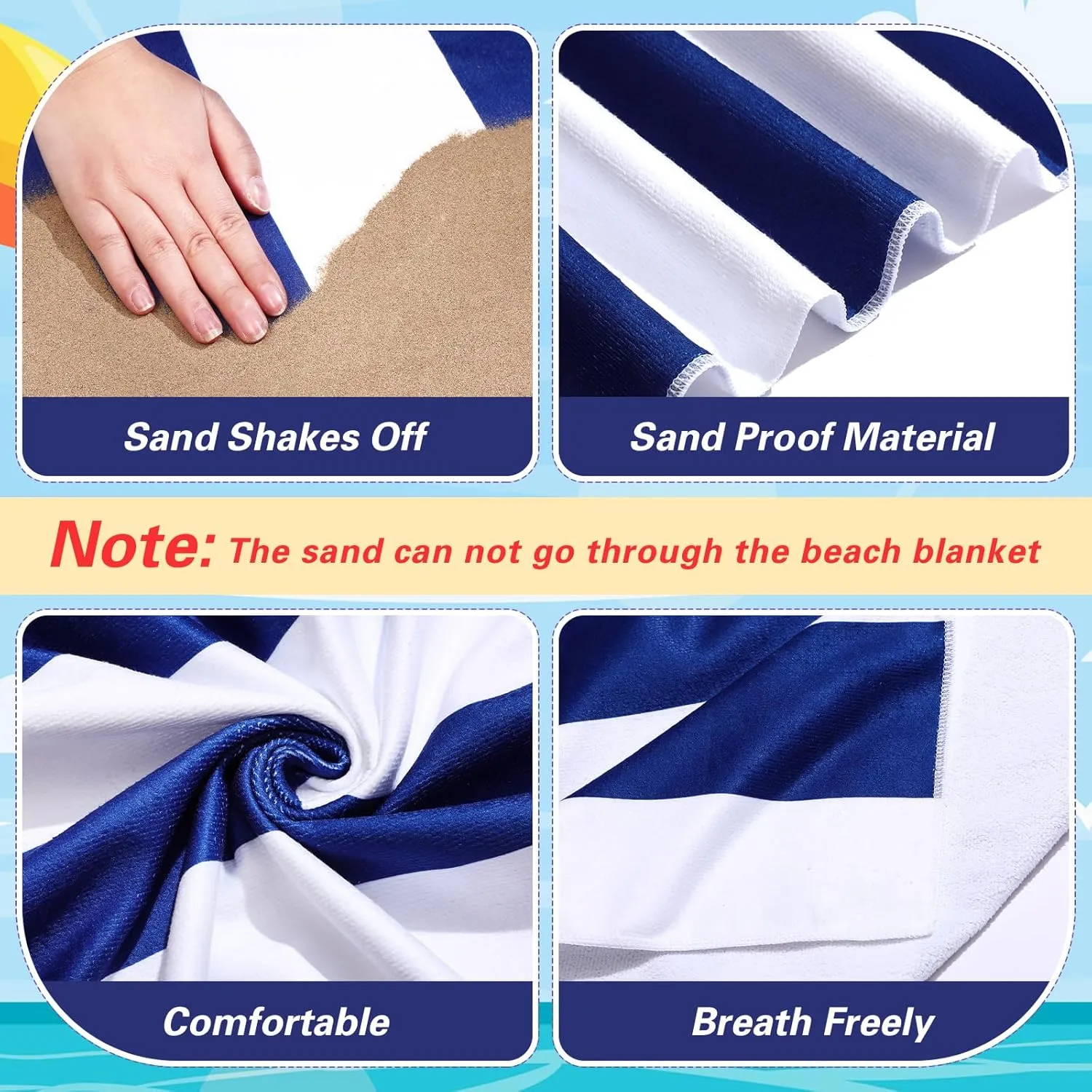 Peryiter Checkered Giant Beach Blanket 71 x 71 Inch Oversized Sandproof Towel Stripe Microfiber Quick Dry Lightweight Huge Blanket for Summer Hawaii Beach Travel Essentials Accessories(Navy Blue)