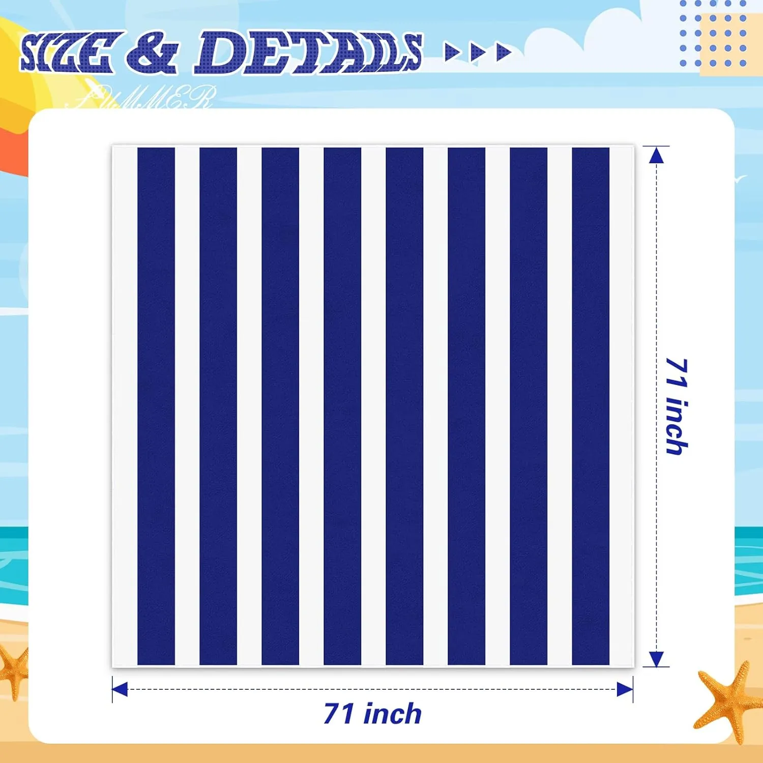 Peryiter Checkered Giant Beach Blanket 71 x 71 Inch Oversized Sandproof Towel Stripe Microfiber Quick Dry Lightweight Huge Blanket for Summer Hawaii Beach Travel Essentials Accessories(Navy Blue)