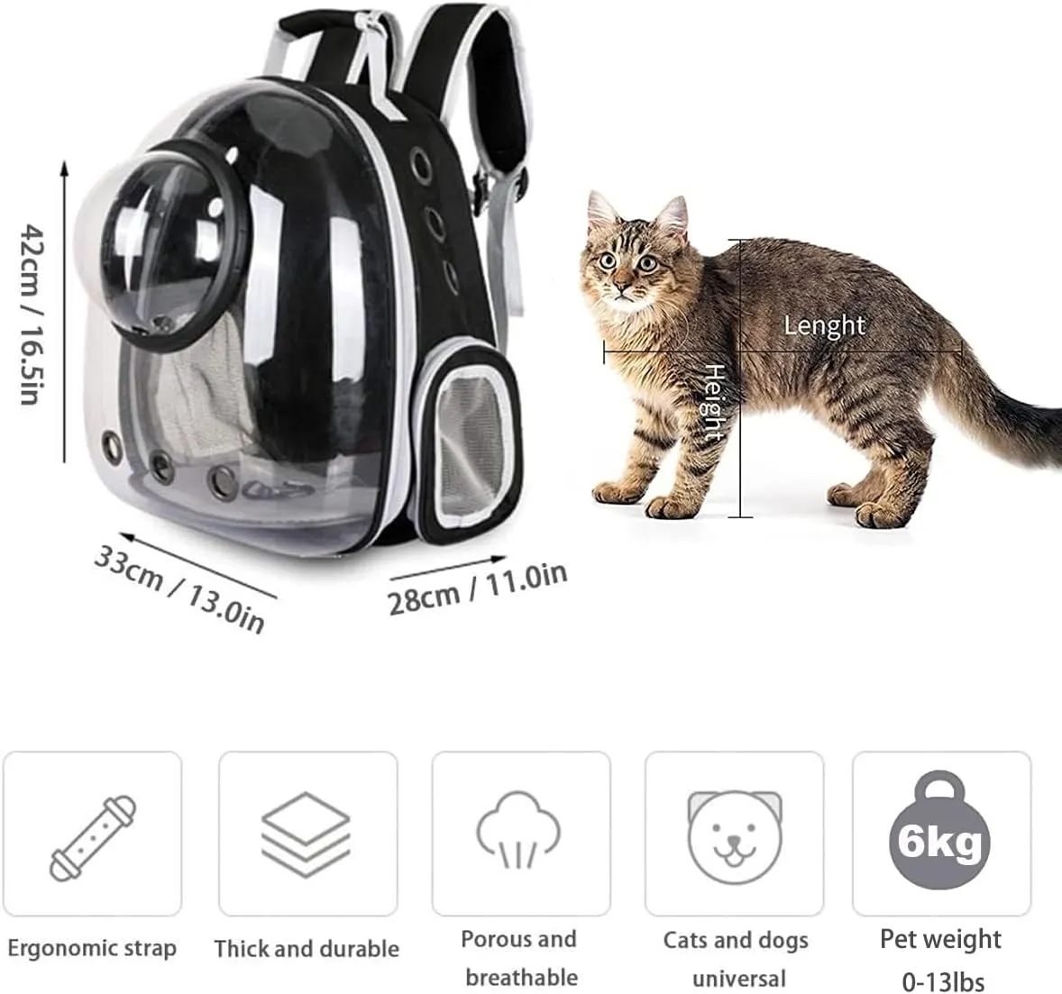 Pet Space Capsule Backpack, Small Medium Cat Puppy Dog Carrier, Transparent Breathable Heat Proof, Pet Carrier for Travel Hiking Walking Camping, Black